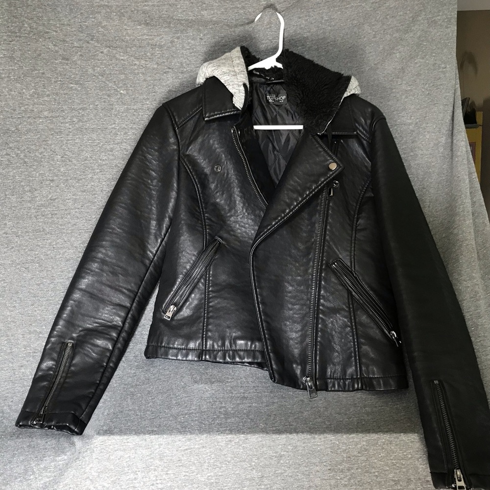 Topshop Black Leather Hooded Biker Jacket